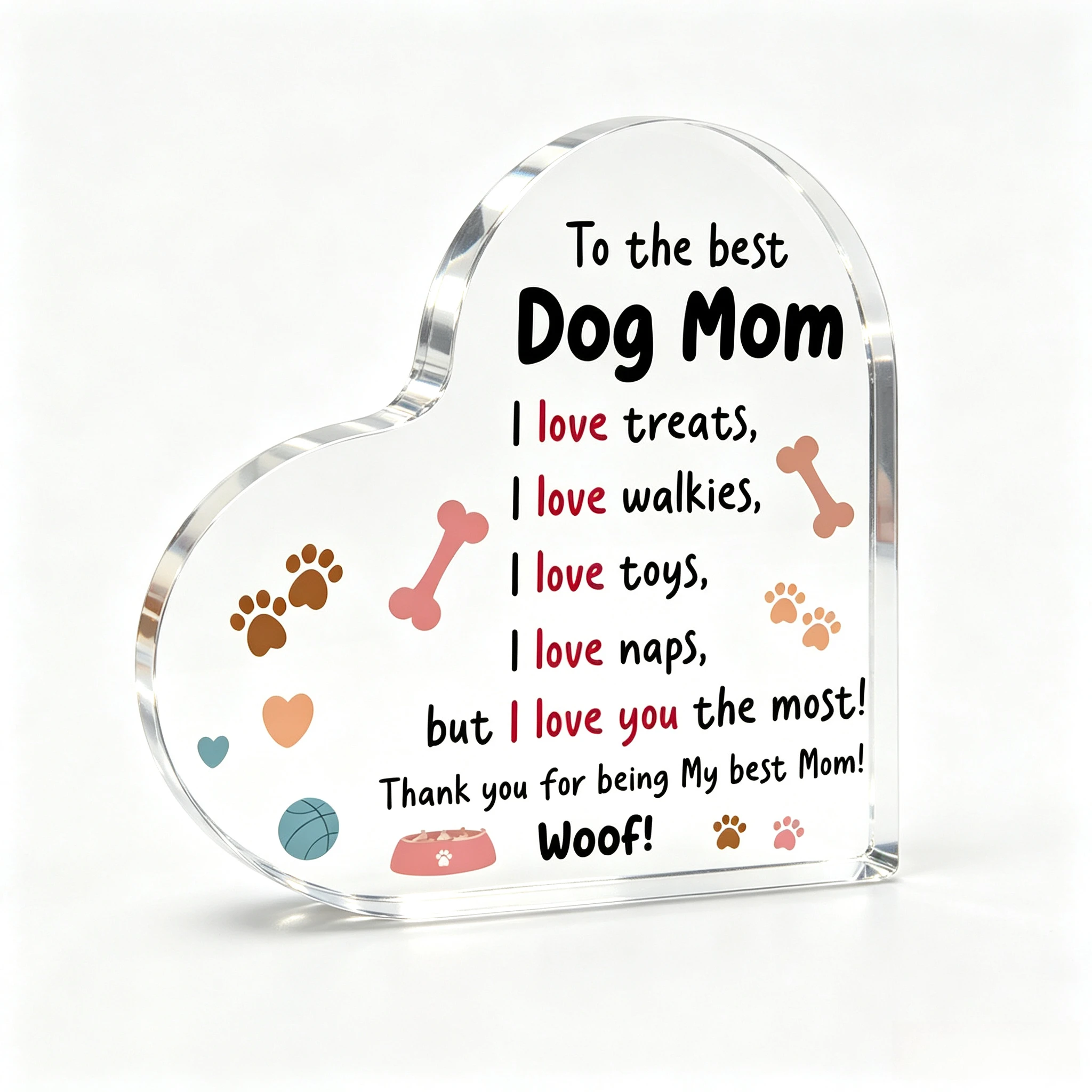 To The Best Dog Mom Heart‑Shaped Acrylic Tabletop Plaque, Paw Print Bone Dog Lover Desk Decor