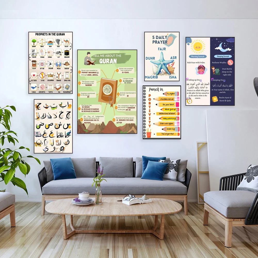 Islamic educational poster with Arabic letters, words, 25 prophets of Islam, hadiths for kids sleeping and waking up, Quran