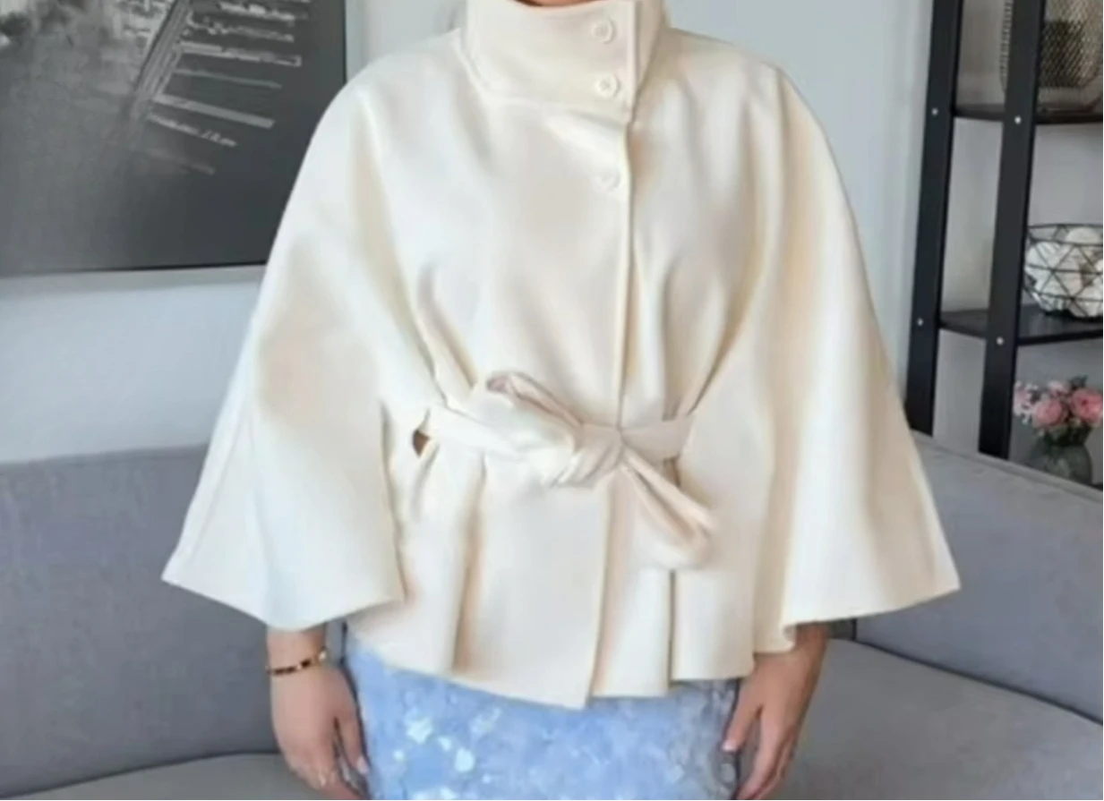 Popular Women's Fashion Loose Stand Collar Bathrobe style Coat with Belt and Coat - In Stock
