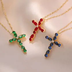 Colorful Zircon Cross Pendant Necklaces for Women Men Stainless Steel Trendy Shiny Jewelry Accessories Gifts