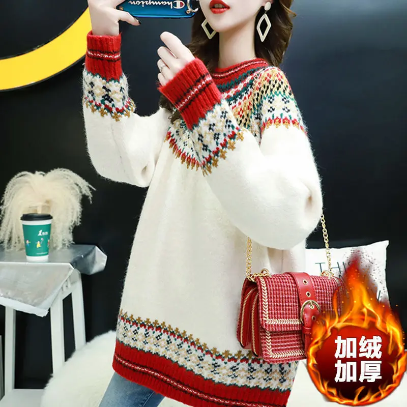 Woman Sweaters Ethnic Style round Neck Sweater Women\'s Autumn Winter Loose Thick Top Femme Chandails Pull Hiver