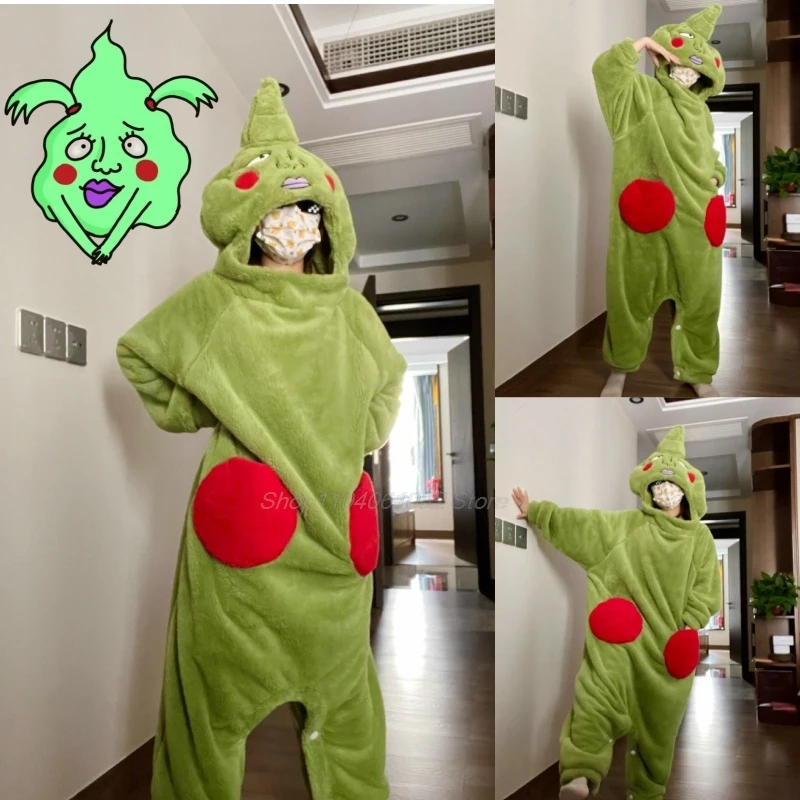 Anime Mob Dimple Cosplay Costume Mobu Saiko Hyak Psycho Flannel Pajamas Green Jumpsuits 100 Man Woman Kawaii Home Furnishings