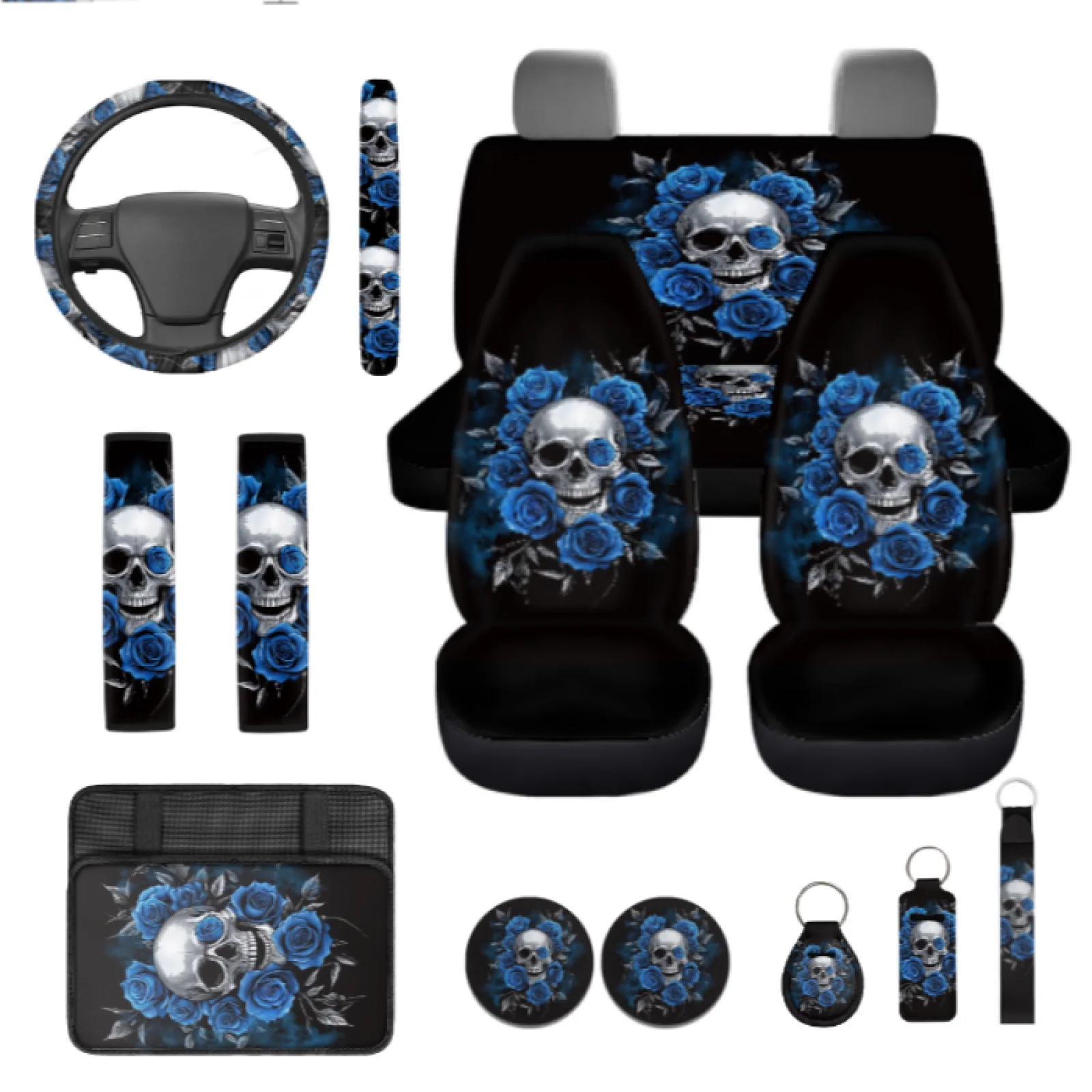 Coloranimal Skull Rose 13 PCS Car Seat Cover Set with Anti-Fade Lipstick Cover and Armrest Cover Pad for Most Cars