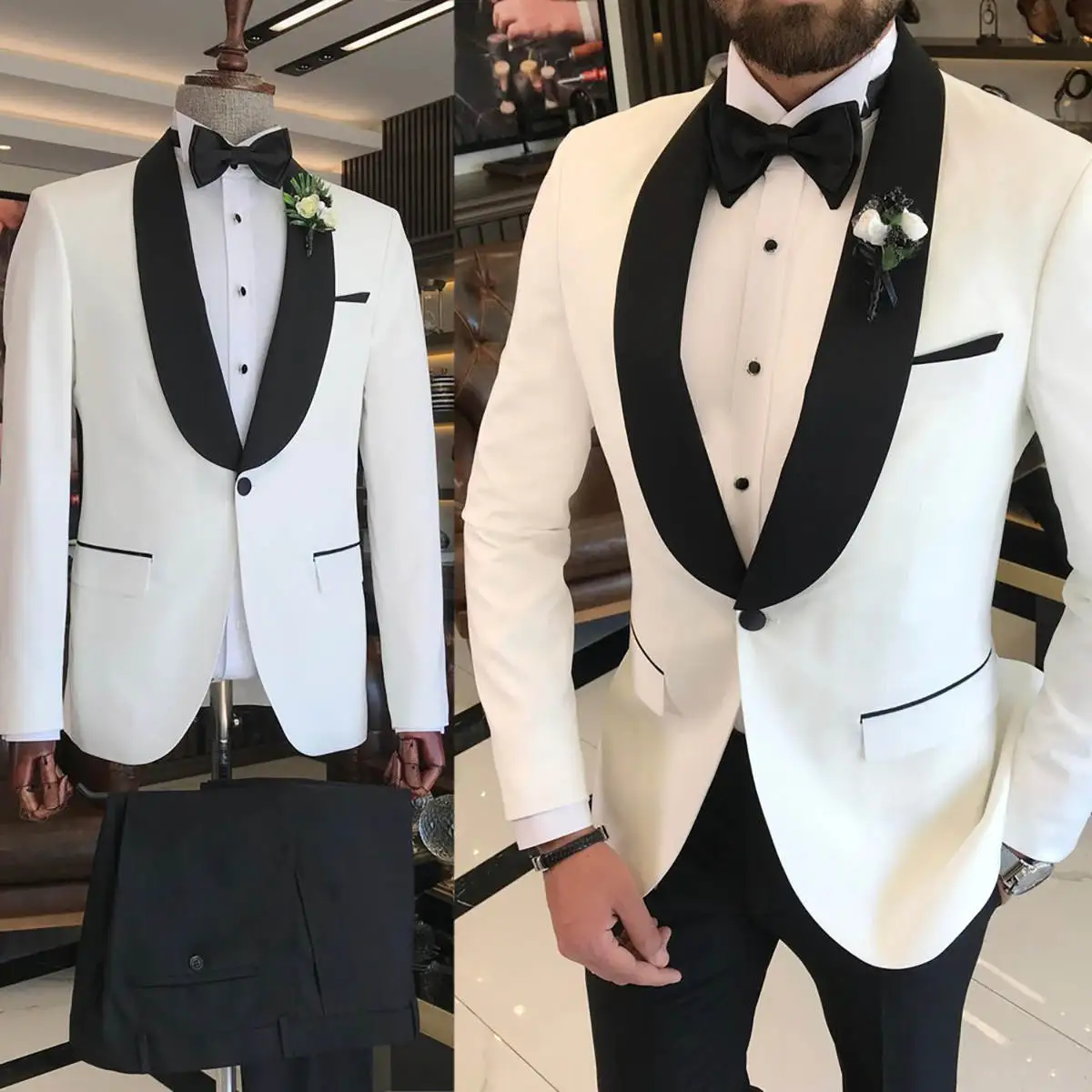 

Groom Men Wedding Suits 2 Pieces Custom Made Shawl Lapel Formal Tuxedos For Business Groomsman Wear Party Birthday