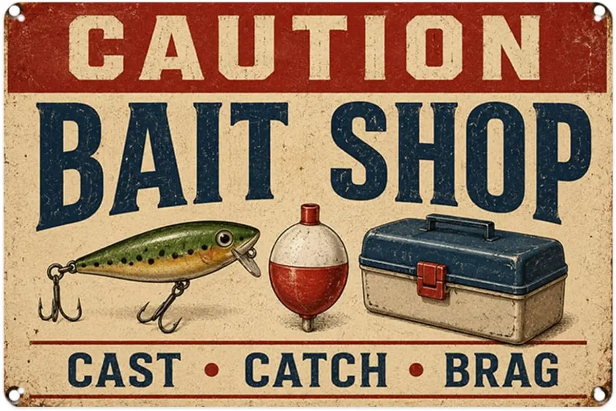 Caution Bait Shop tin Sign Vintage Fishing Tackle Metal Signs Aesthetic for Home Bedroom Kitchen Bar Garden & Outdoor Wall D
