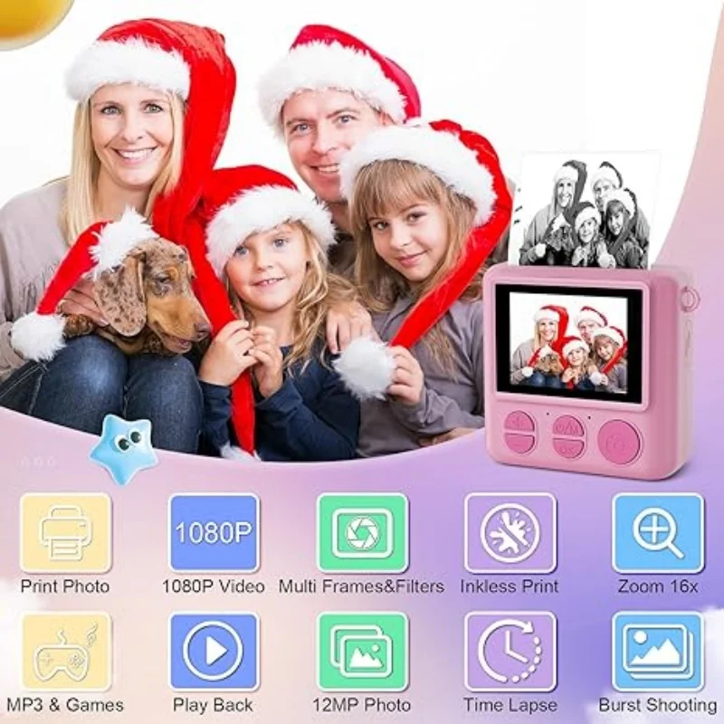 Cámara Digital de impresión instantánea para niños, cámara de vídeo y fotografía de 1080H con tarjeta de 32GB para niños y niñas, regalo de cumpleaños y Navidad