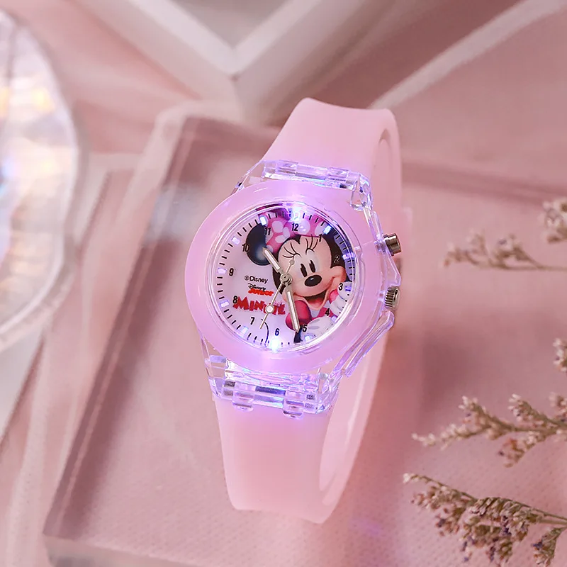 Disney Mickey dzieci oglądają dziewczęce kolorowe źródło światła silikonowe Elsa Hello Kitty Kids Watch chłopięce prezent na nadgarstek Relogio