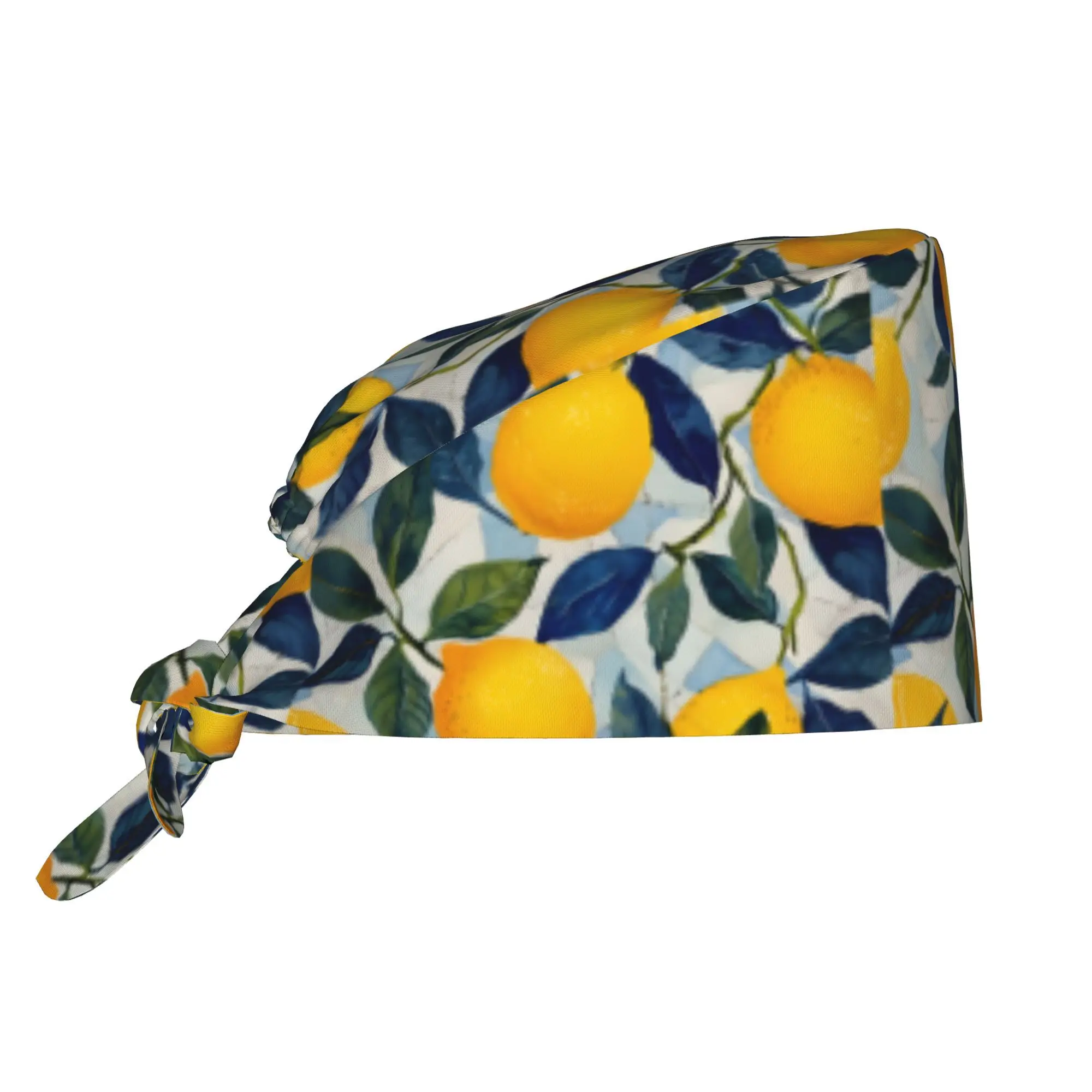 1pc Women’s Stylish Lemon Print Work Cap - Lightweight Adjustable Tie-Back Nurse Hat, Dustproof Chef & Cooking Cap, Vibrant Yell