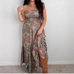 2026 Women's Clothing Sleeveless Tube Top Dress Digital Print Long Dress