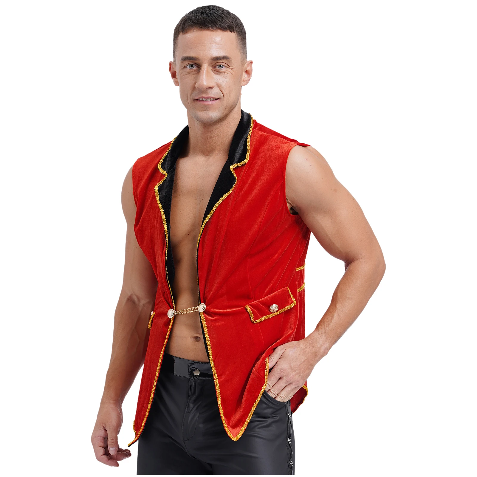 Mens Circus Ringmaster Costume Halloween Cosplay Tailcoat Sleeveless Vest Jacket Lion Tamer Carnival Party Roleplay Dress Up