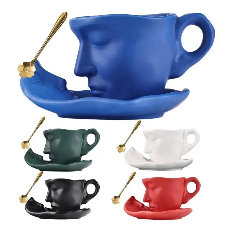 1 Set European Abstract Face Ceramic Coffee Cup With Saucer Spoon Exquisite Head Dessert Tea Cup Office Spoof Mug For Home Decor