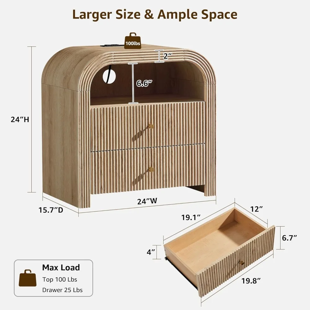 مجموعة كبيرة منضدة حديثة ذات درجين مع قاعدة شحن، تصميم مخدد، طاولات تخزين بجانب السرير لغرفة النوم #2