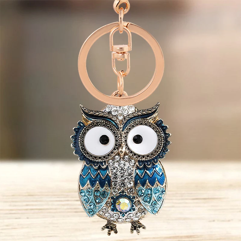 

Cute Rhinestone Crystal Big Eyes Blue Owl Keychain Animal Bird Key Chain Key Ring Holder Bag Pendant Accessories Keyring