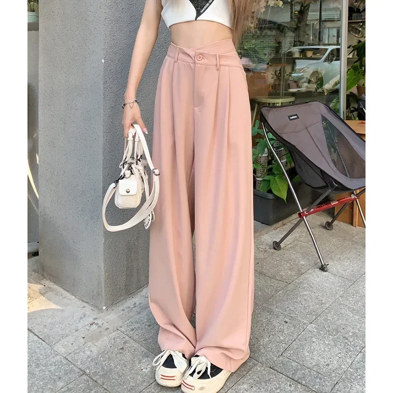 Women Daily Commute Solid Color Suit Pants Lady Baggy Wide Leg Straight Leg Trousers Female Designer High Waisted Draping Slacks