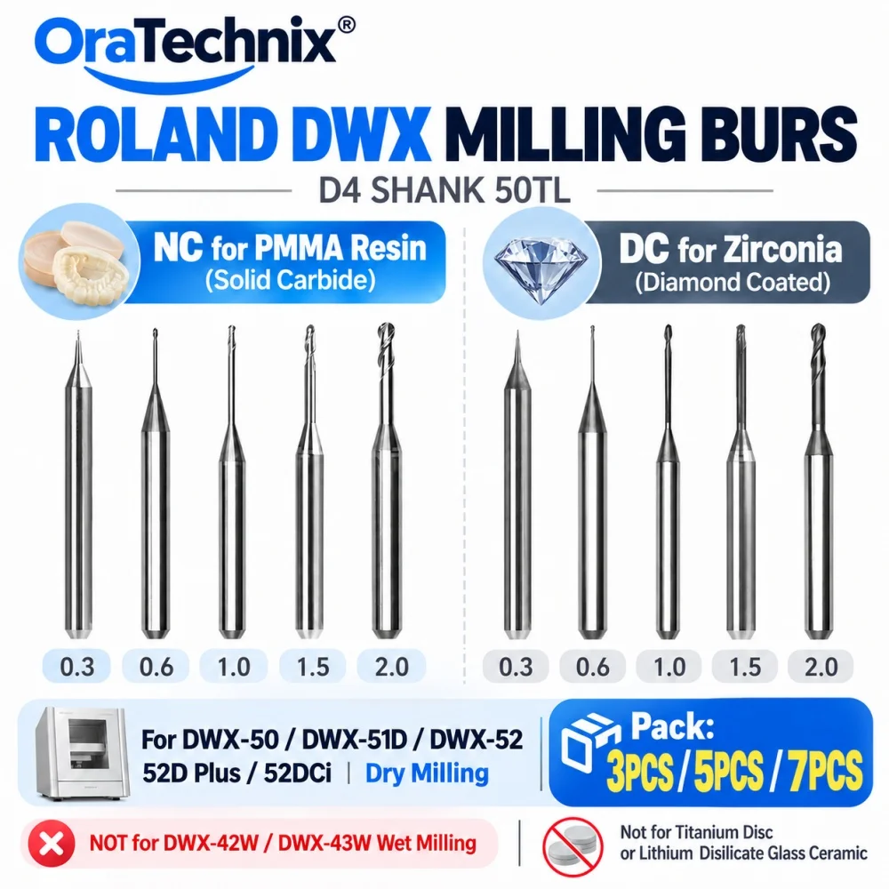 3/5/7PCS Roland DWX D4 Milling Bur DC for Dental Zirconia PMMA Compatible DWX 50/51D/52/52D Plus/52DCi Dental Milling Cutter