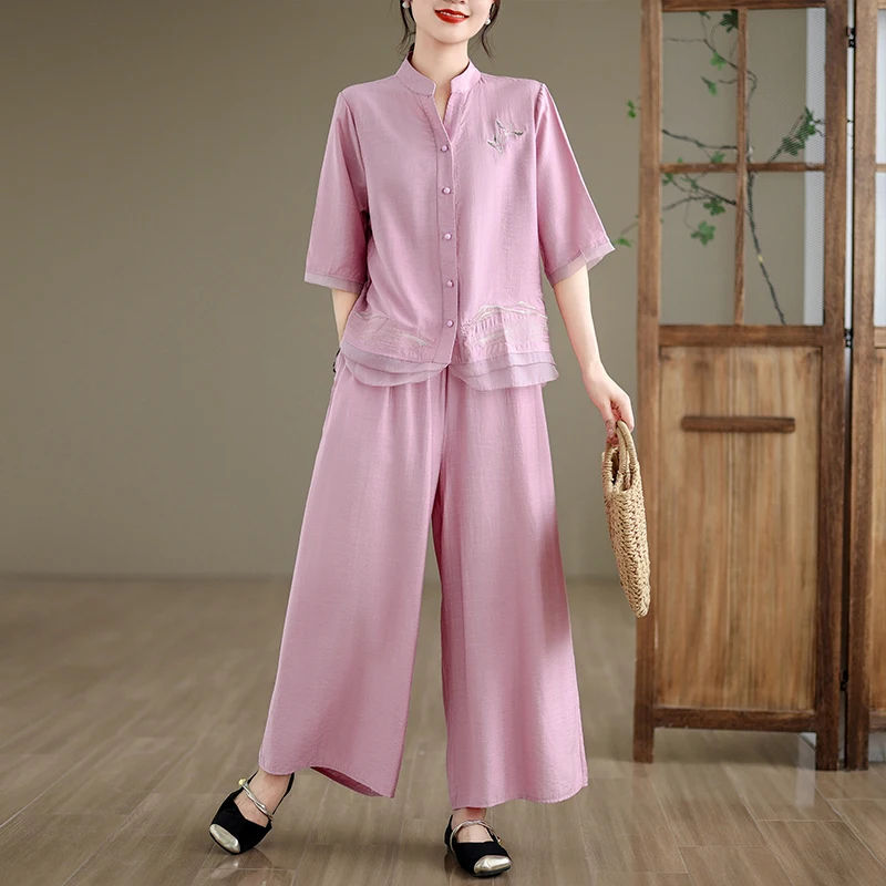 Летний повседневный свободный комплект для мамы, комплект из двух предметов, розовые широкие брюки f Sve, V-Ne, на пуговицах, из смеси хлопка, женские...