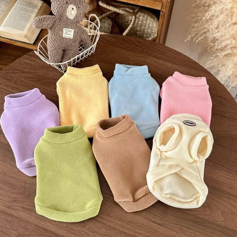 Classic Solid-Colour Puppy Pet Sweatshirt Reversible Fleece Coat Thickened Winter Pet Clothing Maltese Warm Two-Legged Clothes