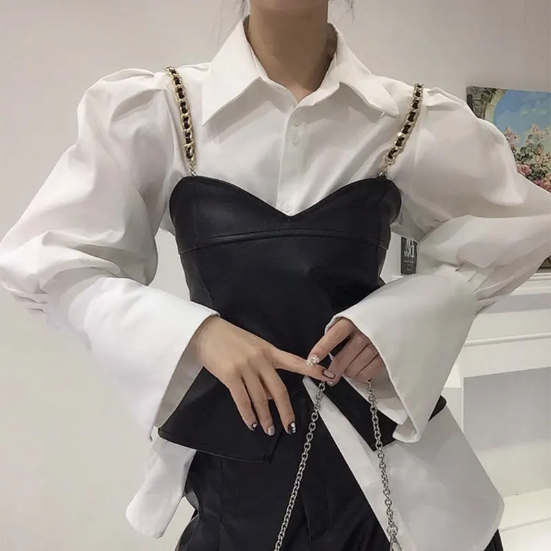 

Шикарный воротник Bubble Sve irt с одной пуговицей на талии, жилет из искусственной кожи с металлическим ремешком, комплект Faion для молодых женщин