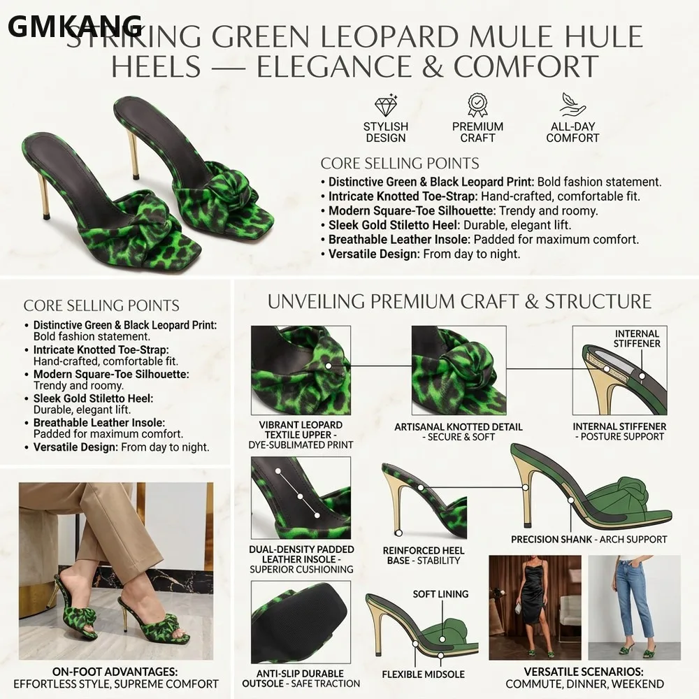 Women’s Leopard Print Satin Square Toe Low Heel Flip Flops, Twisted Design Summer Sandals, Casual Dressy Slide Shoes for