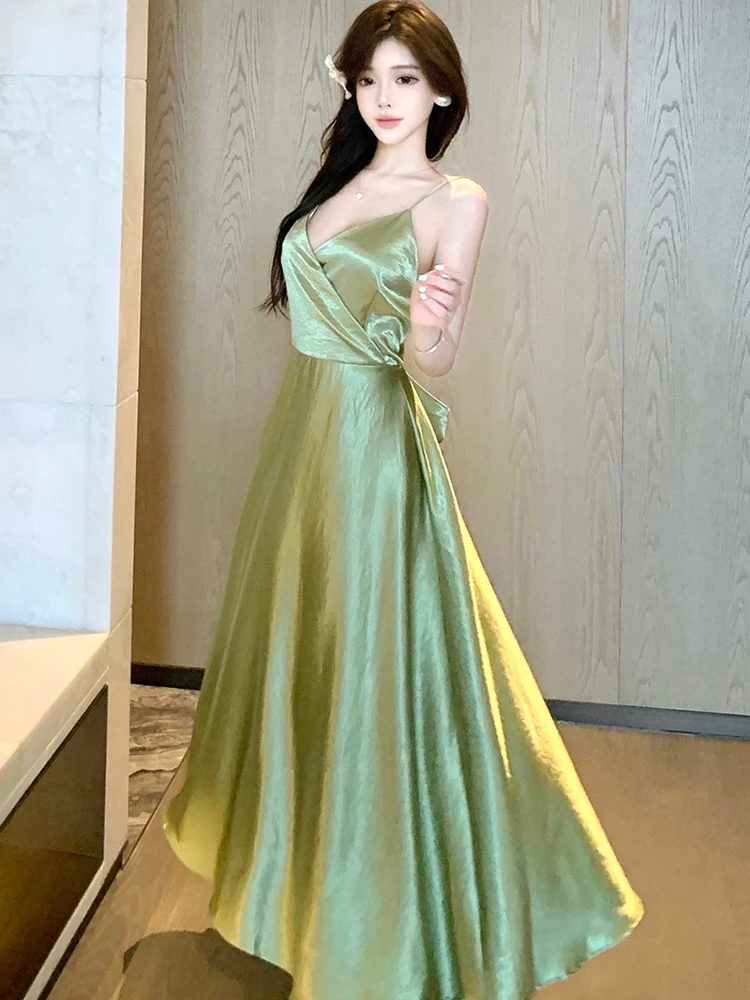 2025 الأخضر خلات الساتان الخامس الرقبة حبال فستان طويل المرأة شيك القوس عارية الذراعين فستان مثير الصيف الكورية أنيقة Bodycon فستان مناسبات #2
