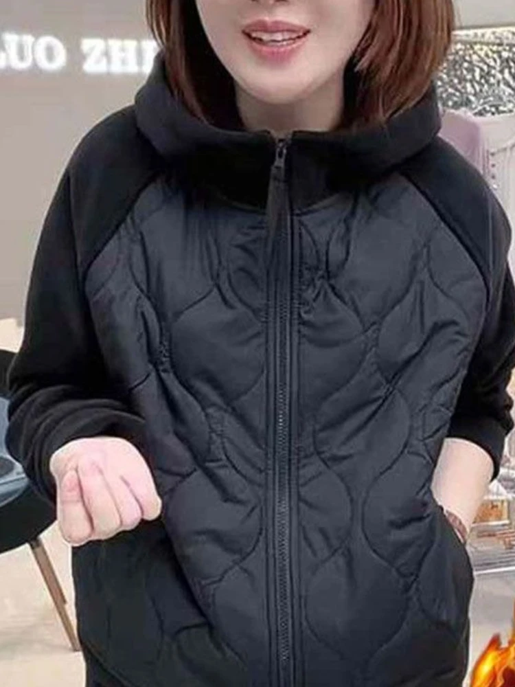 Autumn Winter Women's New Hooded Sweatshirt Thickened Hoodie Outerwear Color Block Zipper Warm Windproof Multi-color Jacket