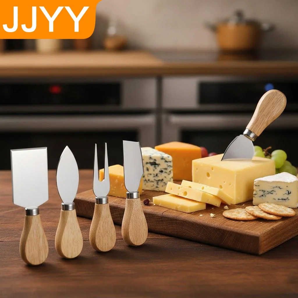 

1Set 4Pcs Oak Cheese Knife Butter Spatula Mini Cake Knife Stainless Steel Kitchen Cooking Tools Set