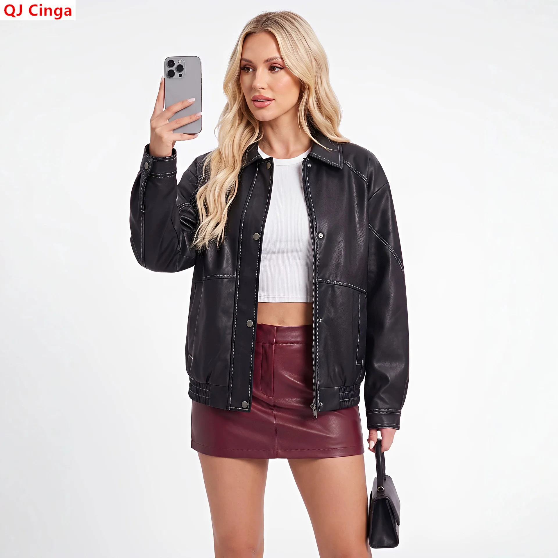 Women's Black Faux Leather Jacket for Fall, Brown Biker Coat for Spring, and Stylish, Casual PU Tops.