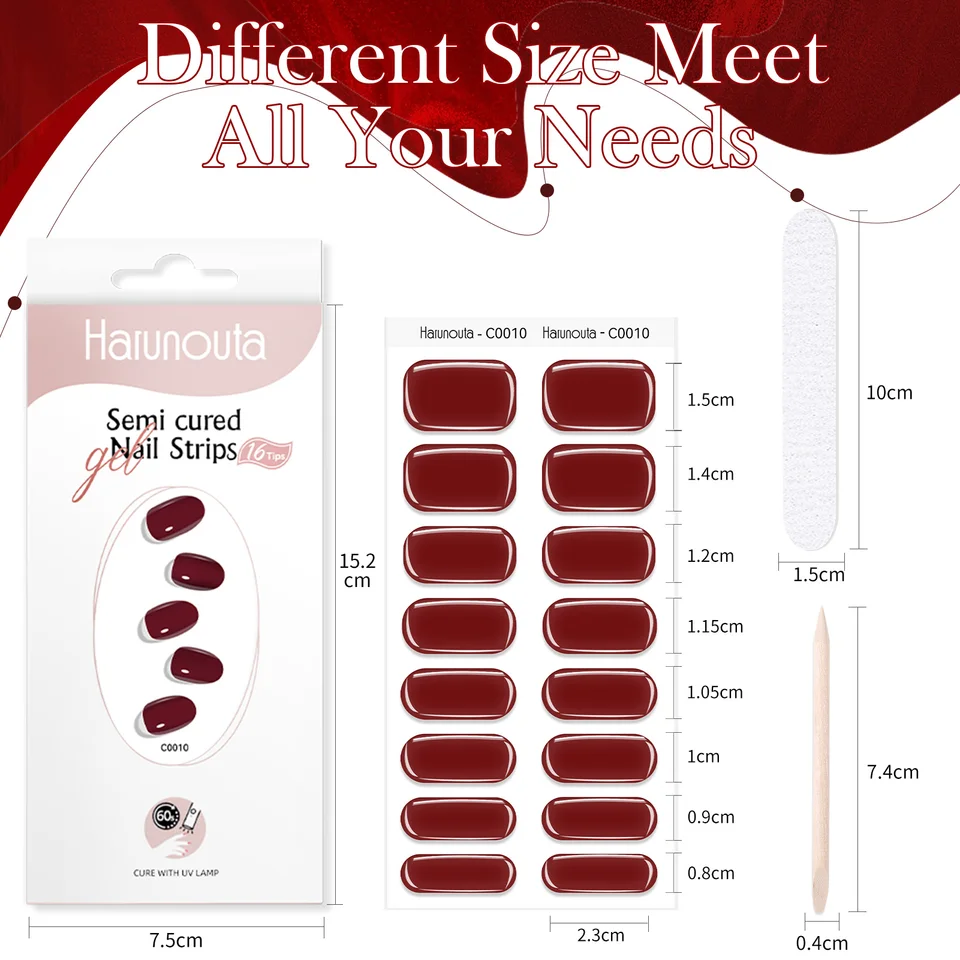 Harunouta 16 tiras de gel semi curado con degradado rojo, mármol y líneas doradas, tiras de uñas de gel DIY para uñas, funcionan con UV/LED 5