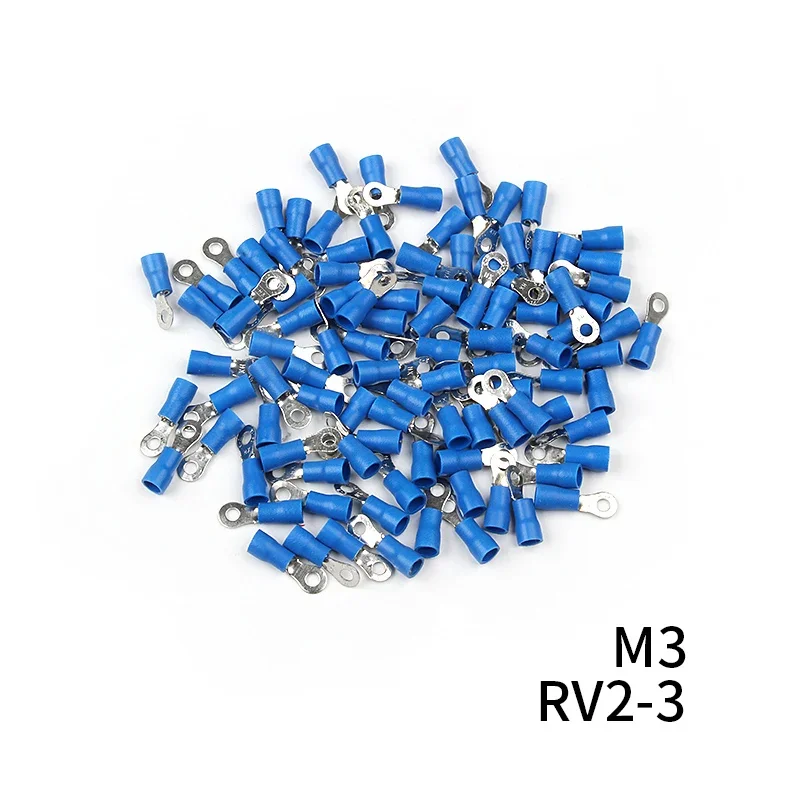 100Pcs/Set RV2 Insulated Blue Ring Terminals Wire Cable Electrical Crimp Connectors 16-14 AWG Kit M3/M4/M5/M6/M8