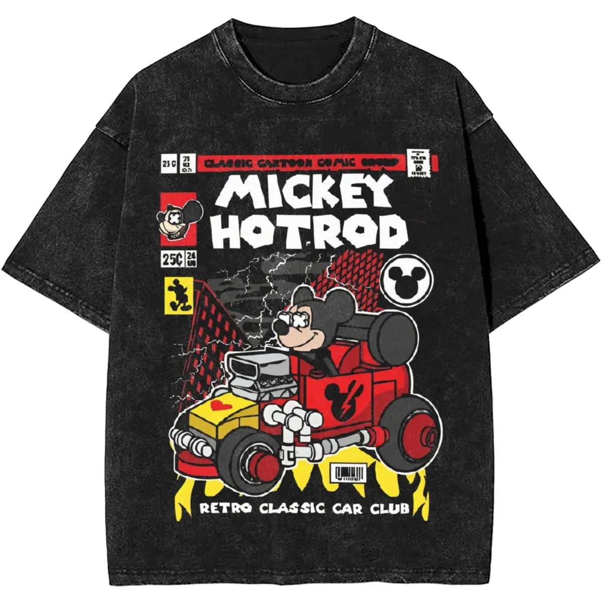 Women Men Retro Mickey Car Club Shirts Summer Cool Cartoon Harajuku Streetwear Washed T-Shirts Cotton