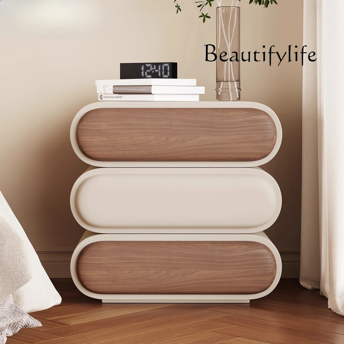 Solid wood bedside table installation-free designer creative cream style leather art high-end bedside table medium antique locke