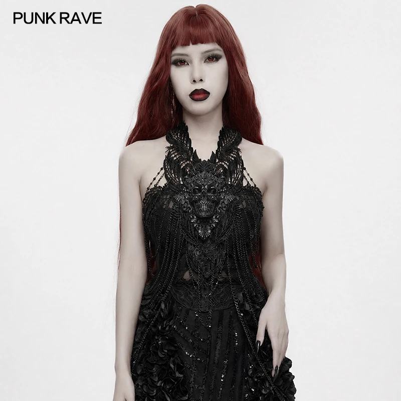 PUNK RAVE Women's Gothic Aged Metal Dark Skull Chest Chain Cold Sexy Adjustable Lengths Halloween Party Club Accessories