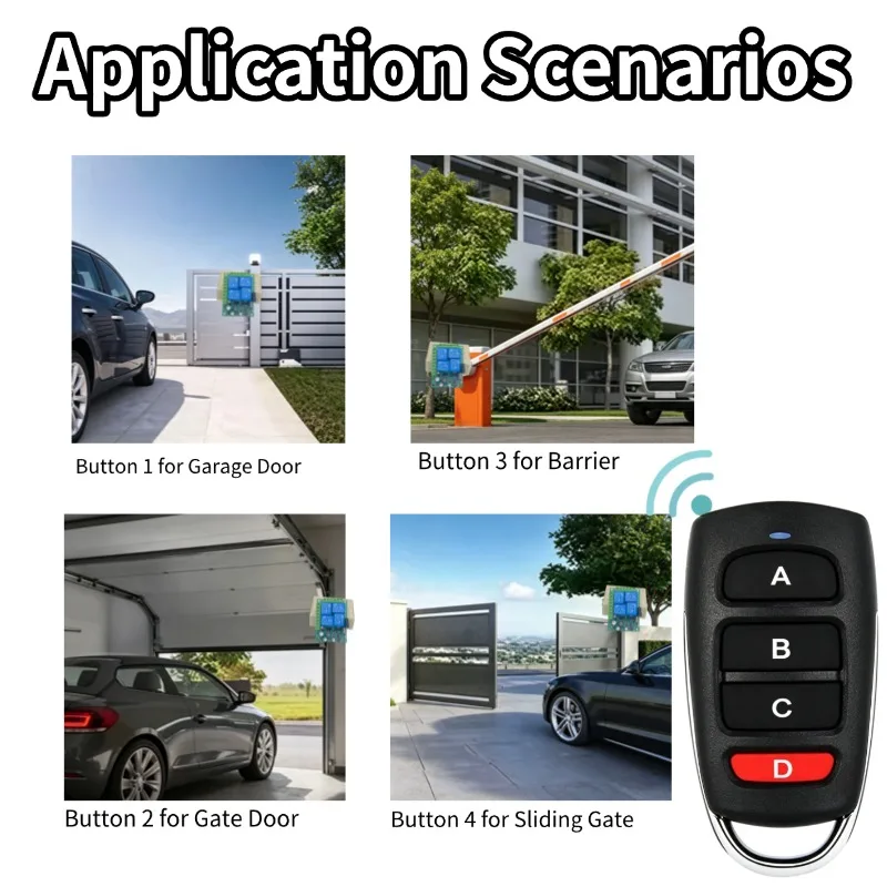 Smart 4-Channel RF Wireless Relay Remote Control Set, 433MHz 10A Receiver with 4-Key Transmitter, Wide AC Voltage Input 85V–256V
