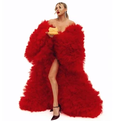 Exaggerated Puffy Tulle Women Long Jacket Photoshoot Tiered Coat Red Photography Robes Kimono Hot Sale Prom Party Dress Custom