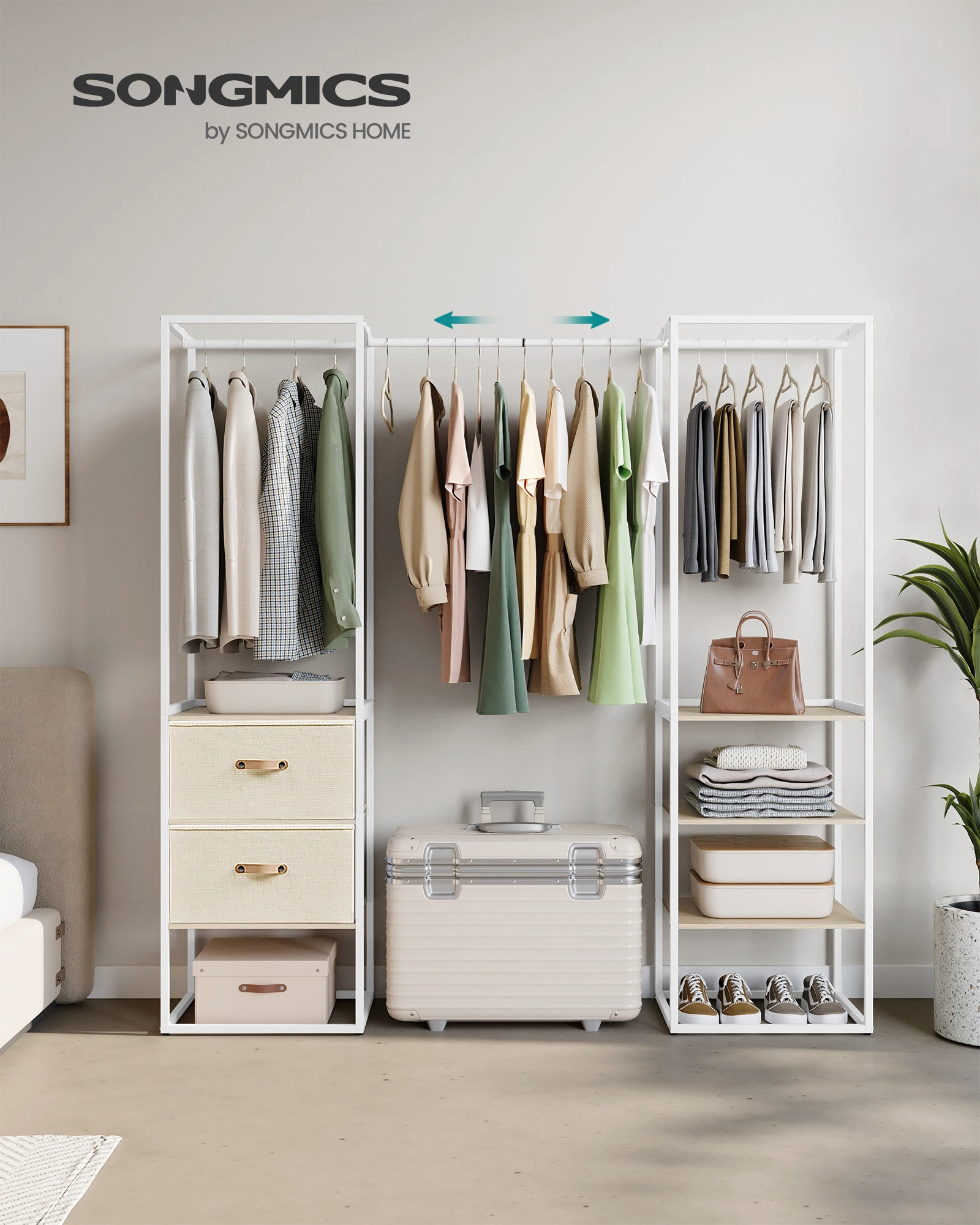 

Вешалка для одежды SONGMICS, 70,9 дюймов, отдельно стоящий шкаф-гардероб, усиленная вешалка для одежды с 1 выдвижной штангой и 2 ящиками