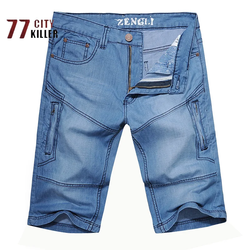 2024 Summer New Straight Tube Cotton Men's Denim Shorts Multiple Pockets Zippered Casual Loose Pants Men's Outdoor Sports Capris