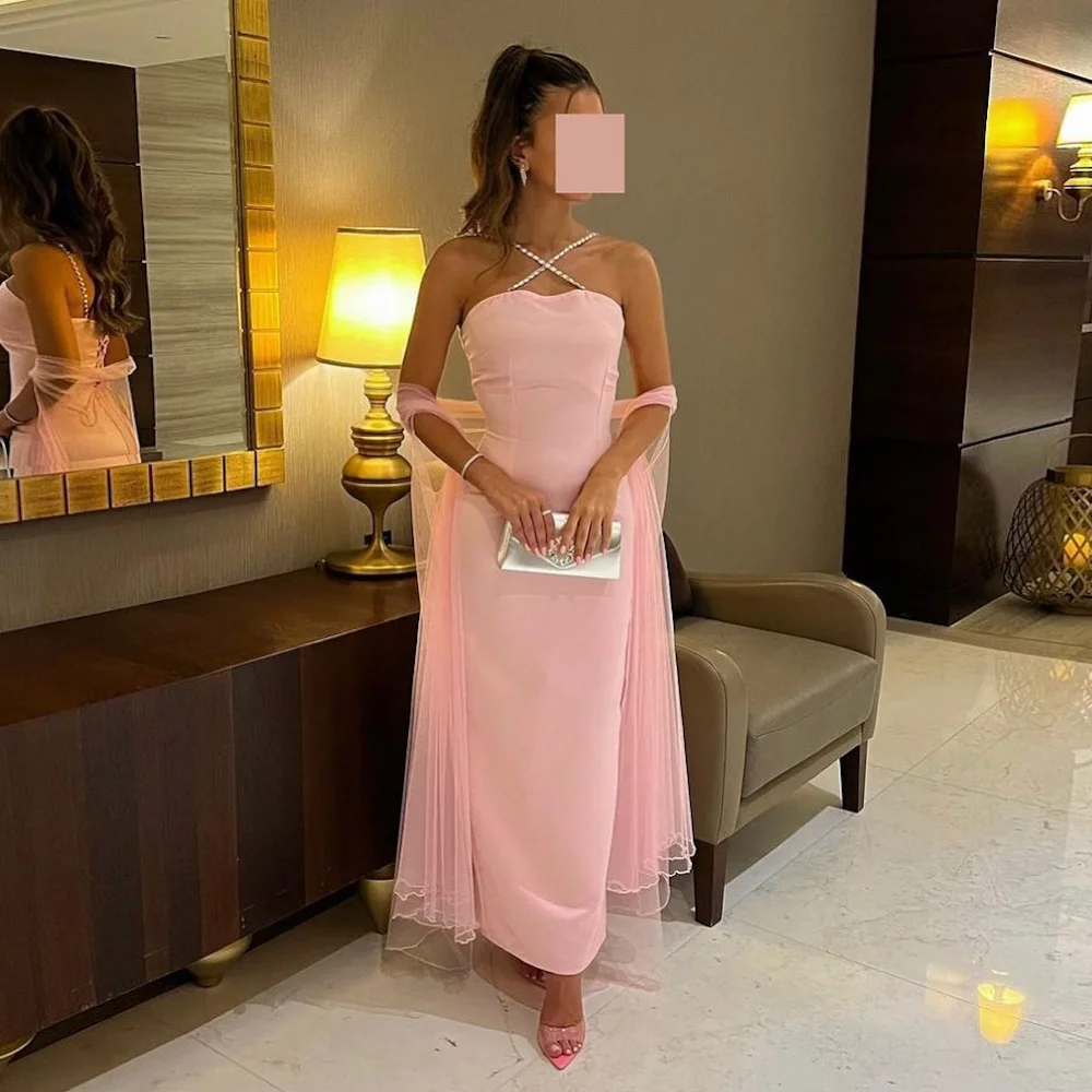 2024 Latest  Mermaid  Mesh  Sleeve  Cross  Tie Pink Sexy Ankle Party Prom Dress For  Woman