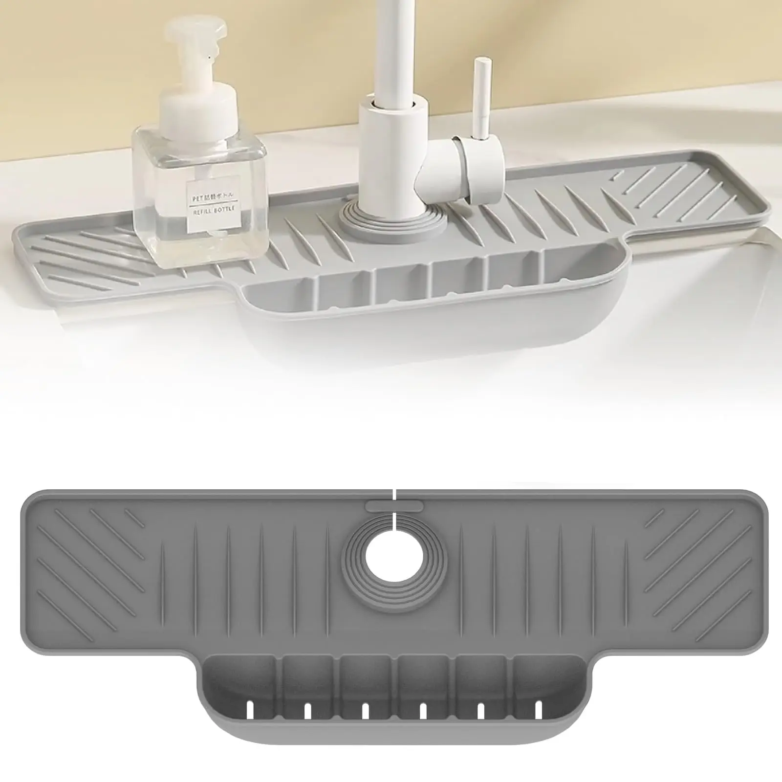 Silicone Faucet Splash Guard & Drip Tray - Non-Slip Countertop Drying Mat with Drainage Grooves - Multi-Compartment Sink Organiz