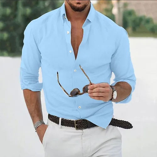 Nueva ropa de calle, camisa informal holgada de Color sólido de manga larga de mezcla de algodón con solapa cómoda, Camisa larga informal de otoño para hombre