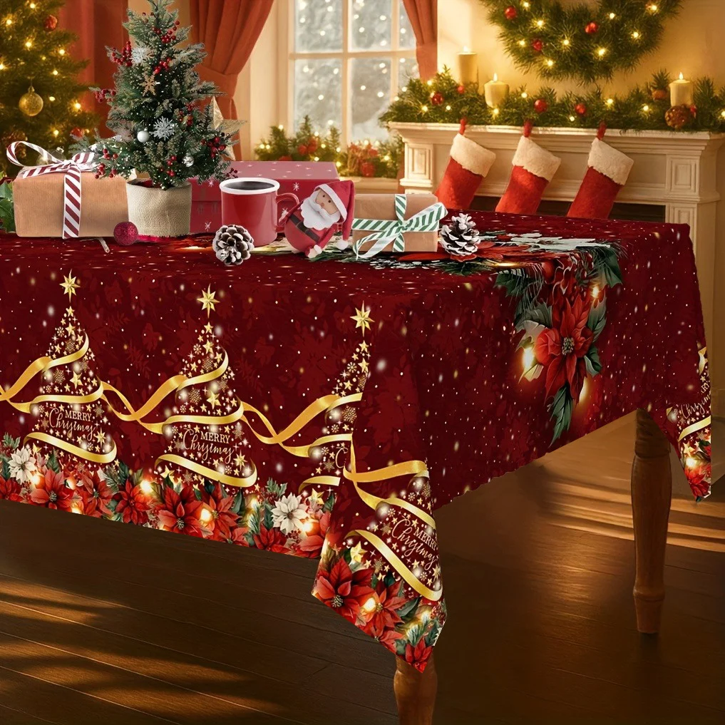 1 PC 2D flat holiday Christmas tablecloth, with pine branches and firecracker patterns, featuring a warm lighting effectzyc