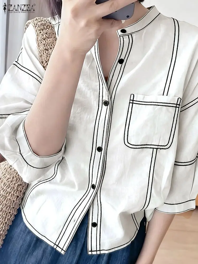 ZANZEA قمصان نسائية بلوزة مرقعة غير رسمية موضة 2025 3/4 كم سترة فضفاضة أزرار جيب للخريف بلوزات كورية للشارع