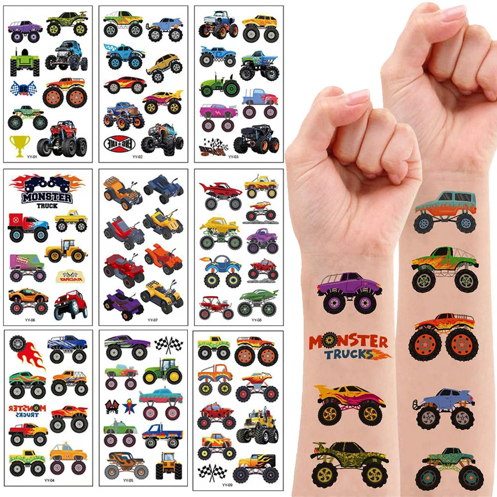 Monster Truck Temporary Tattoo for Kids Racing Car Checkered Flag Wheel Fake Tattoo Stickers Monster Truck Birthday Party Favors