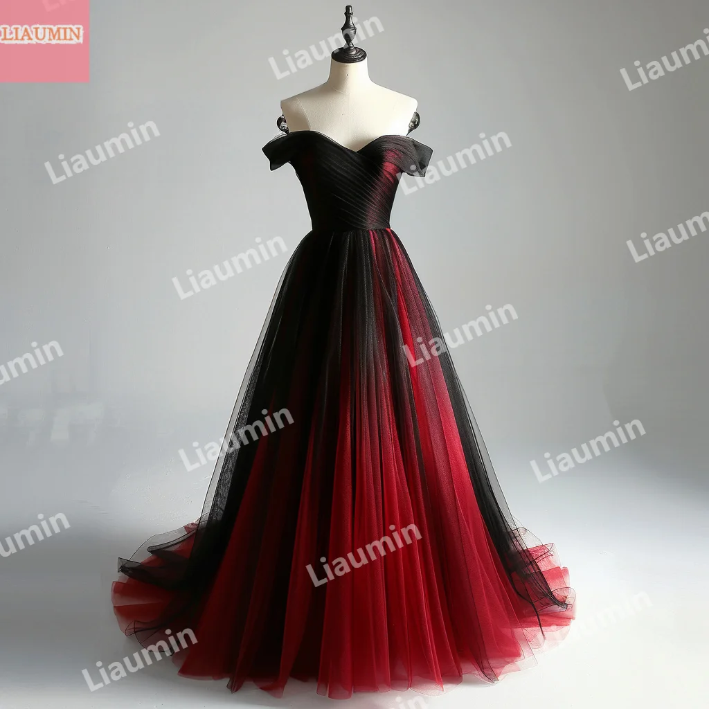 Simple Red And Black Tulle A Line Quinceanera Off The Shoulder Prom Dress Lace Up Back Evening Formal Party Clothing W15-51.17