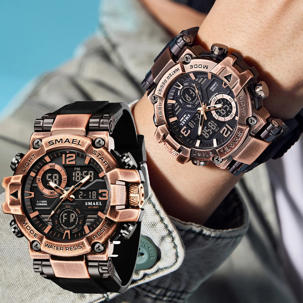 SMAEL Outdoor Men Watch Bronze Case Sports Waterproof Dual Digital Display Wristwatch Luminous Electronic Quartz Watches for Man