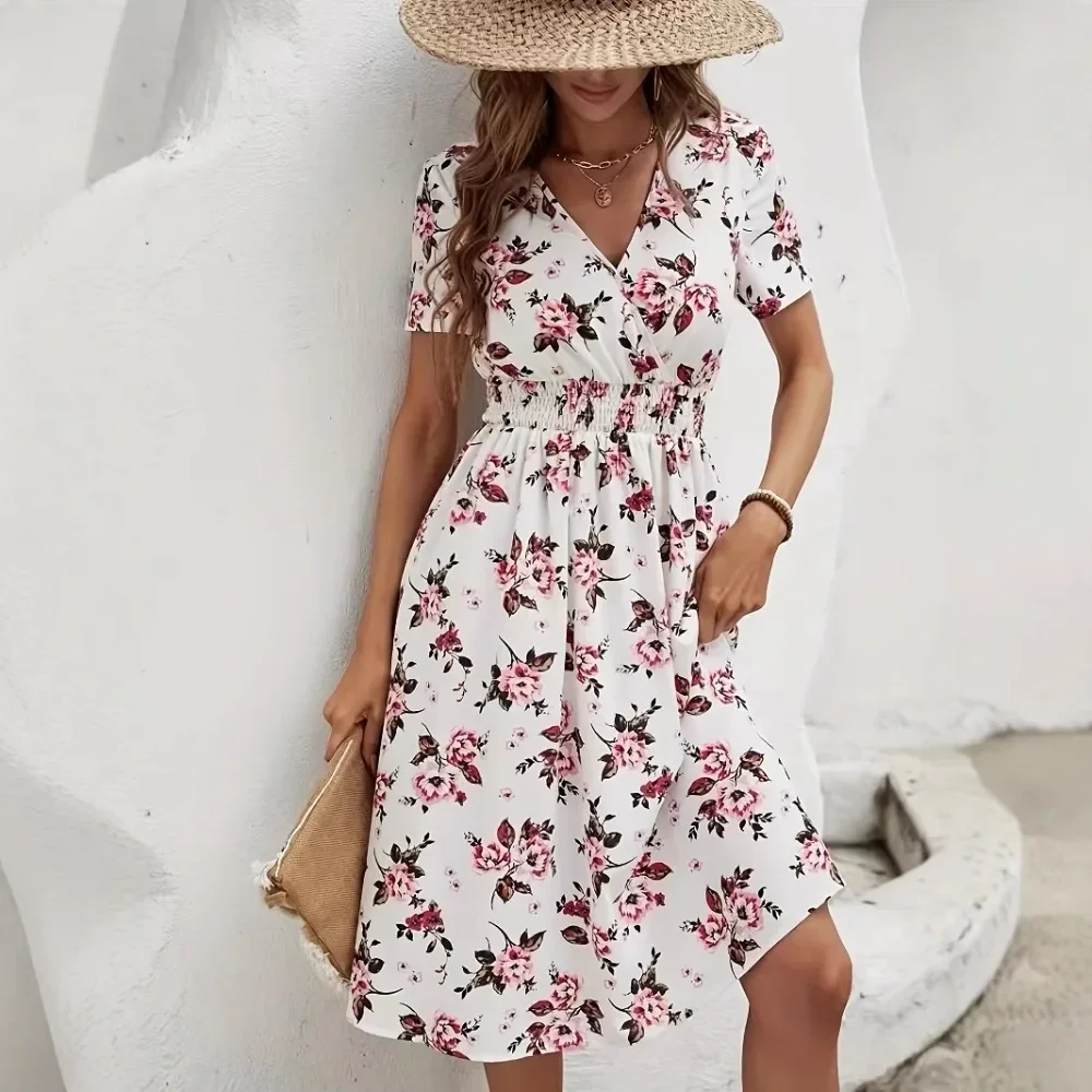 Women Crossover Neck Short Sleeve Printed Dress Elastic Waist Summer Casual Daily Streetwear Minimalist Versatile Chic Ladies