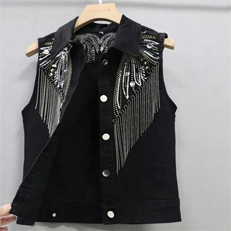 New Fashion Black Denim Vest Women\'s Jacket 2023 Spring Antumn Rivet Tassel Sequin Fit Short Slim Lady Vests Female Outerwear