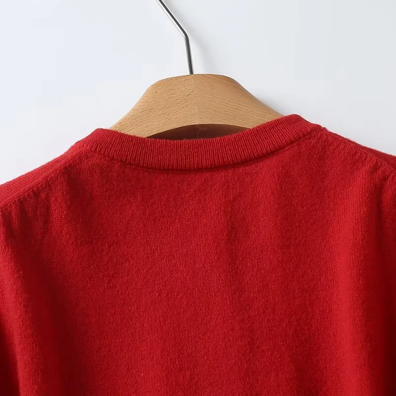 Spring 2024 Women Red Knit Cardigan Long Sleeve O Neck Front Button Female Sweater Coat