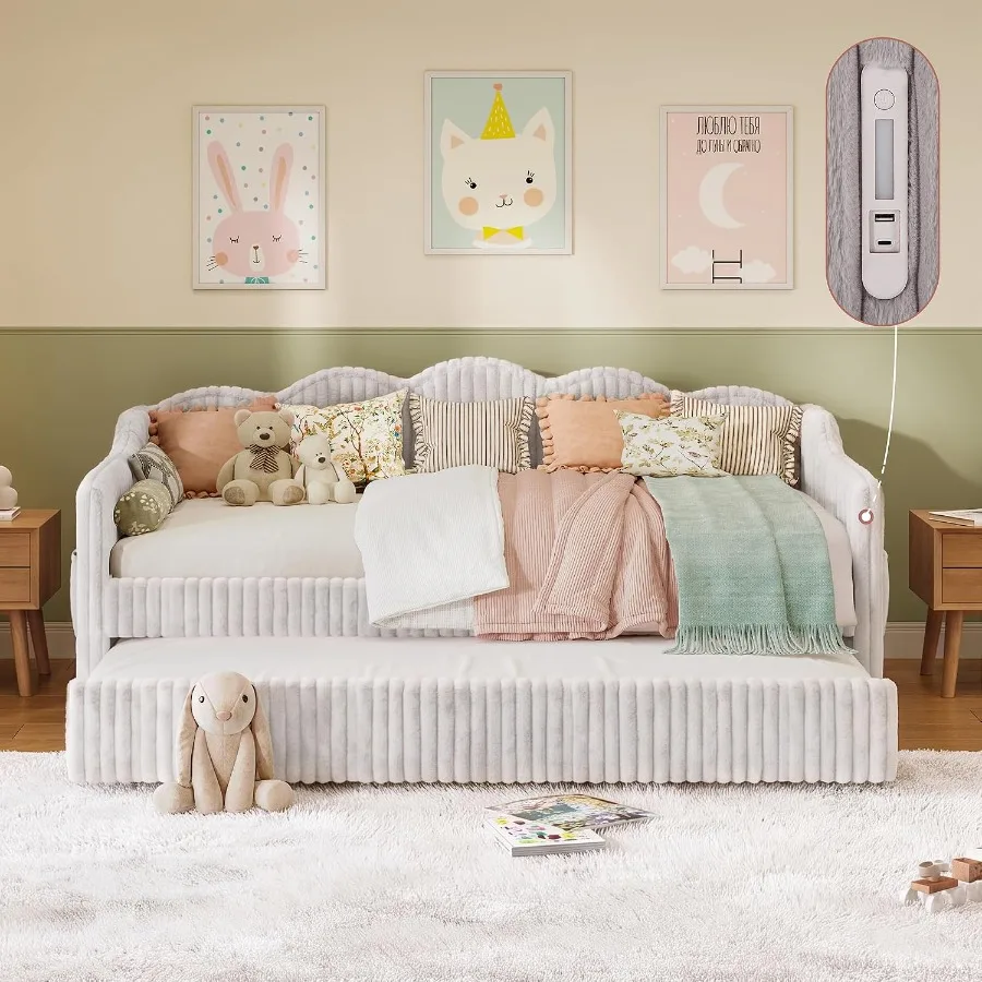 Twin Faux Fur Upholstered Daybed with Trundle and Side Pockets for Living Room Use, Light Gray, Soft Texture and Space-Saving D