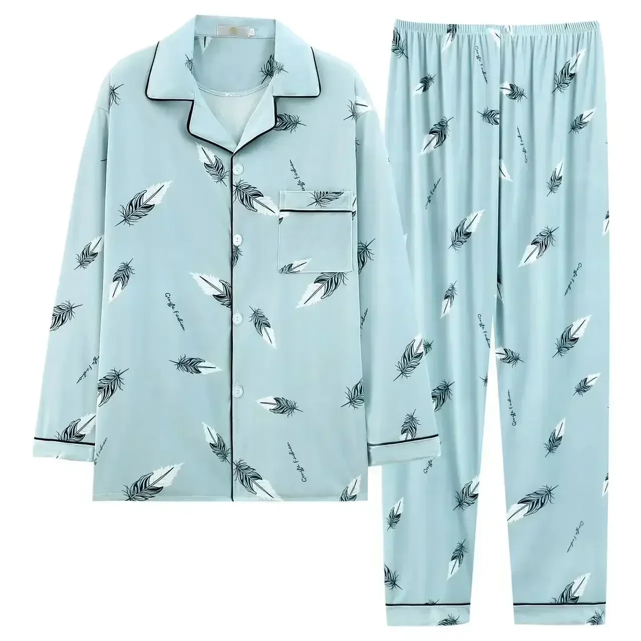 Confortável pijama masculino de manga comprida, cardigã azul claro, conjunto de roupas soltas para casa, primavera e outono