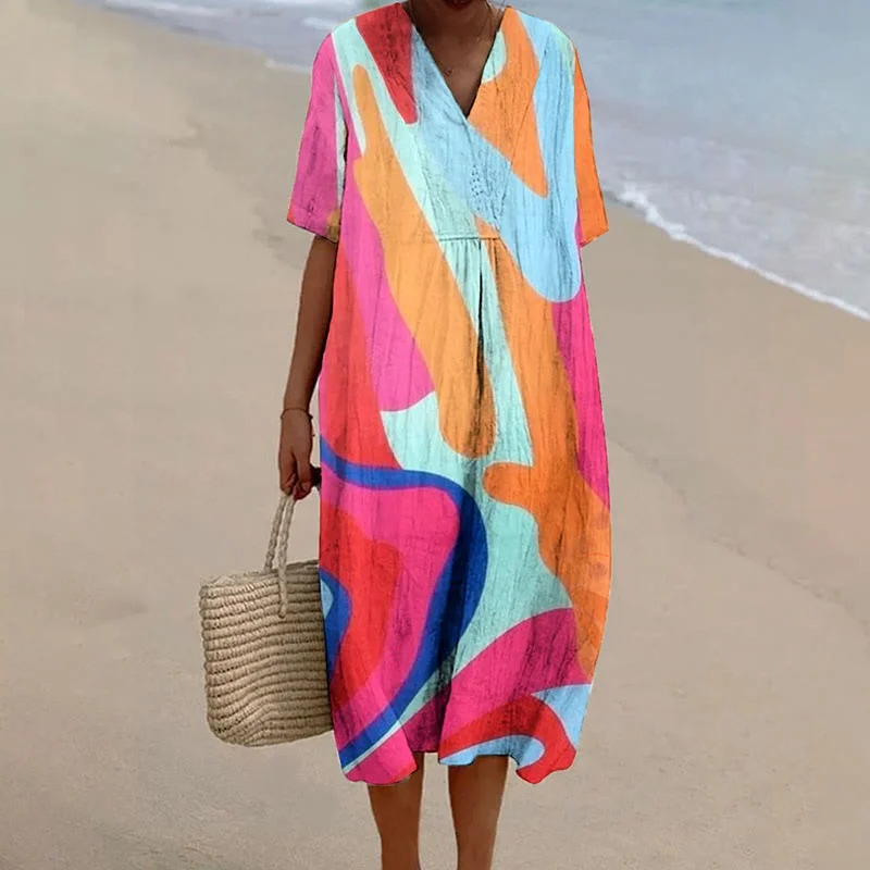 Abito midi da donna con stampa geometrica a blocchi di colore, scollo a V, maniche corte, oversize, estivo, da spiaggia, taglie forti fino alla 5XL